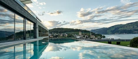 Outdoor pool, pool umbrellas, pool loungers