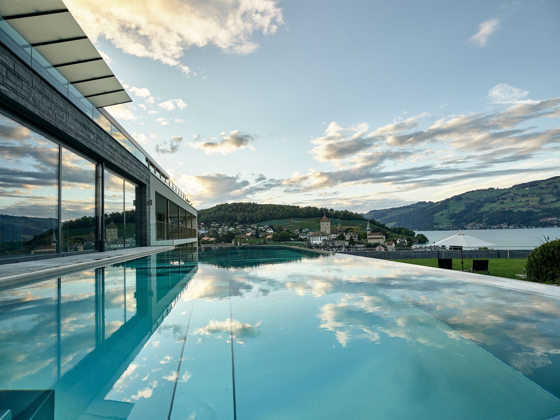 Outdoor pool, pool umbrellas, sun loungers