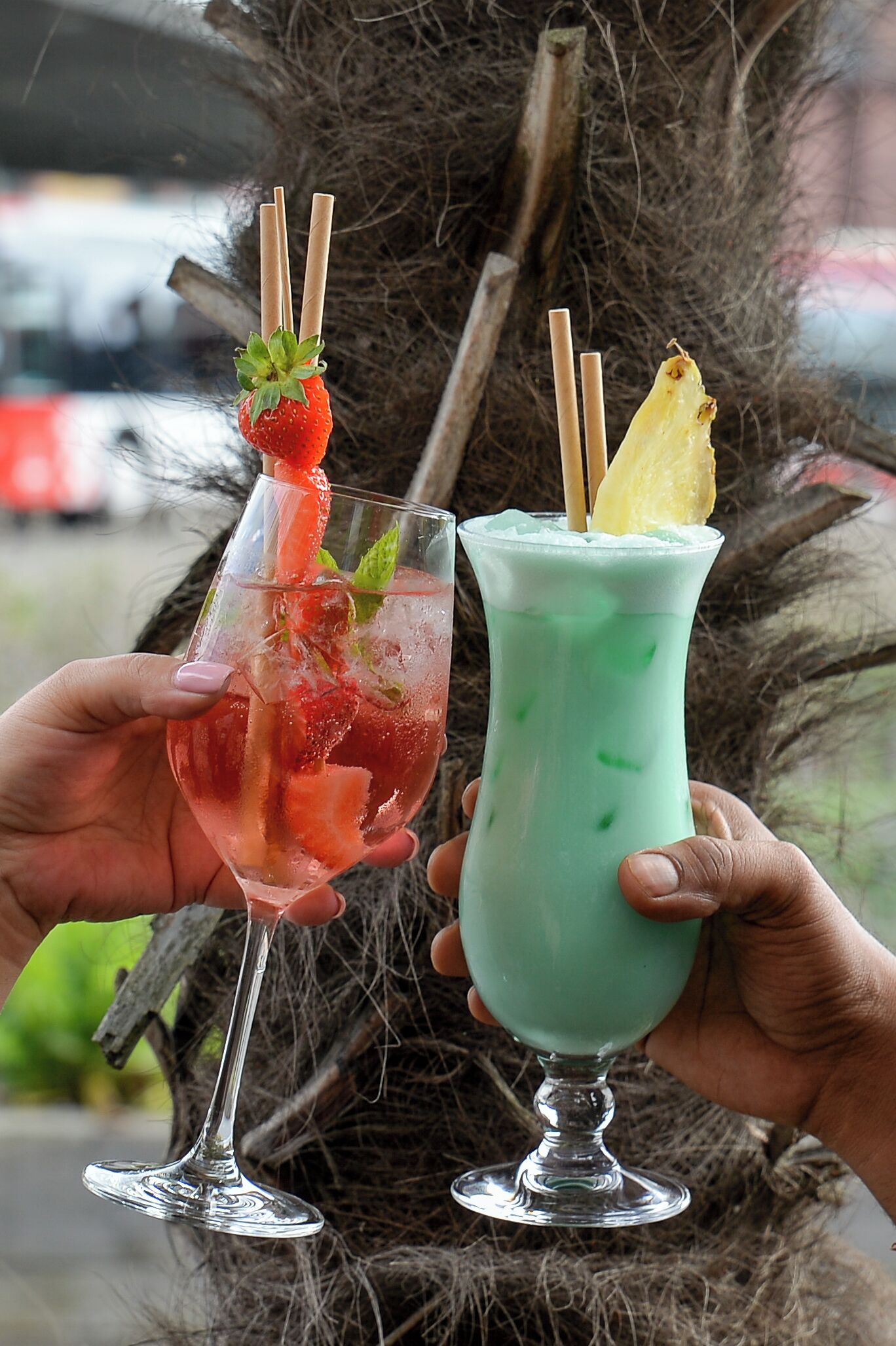 Two cocktails in clear glasses, one with a strawberry and mint garnish, and the other with a pineapple slice and mint garnish.