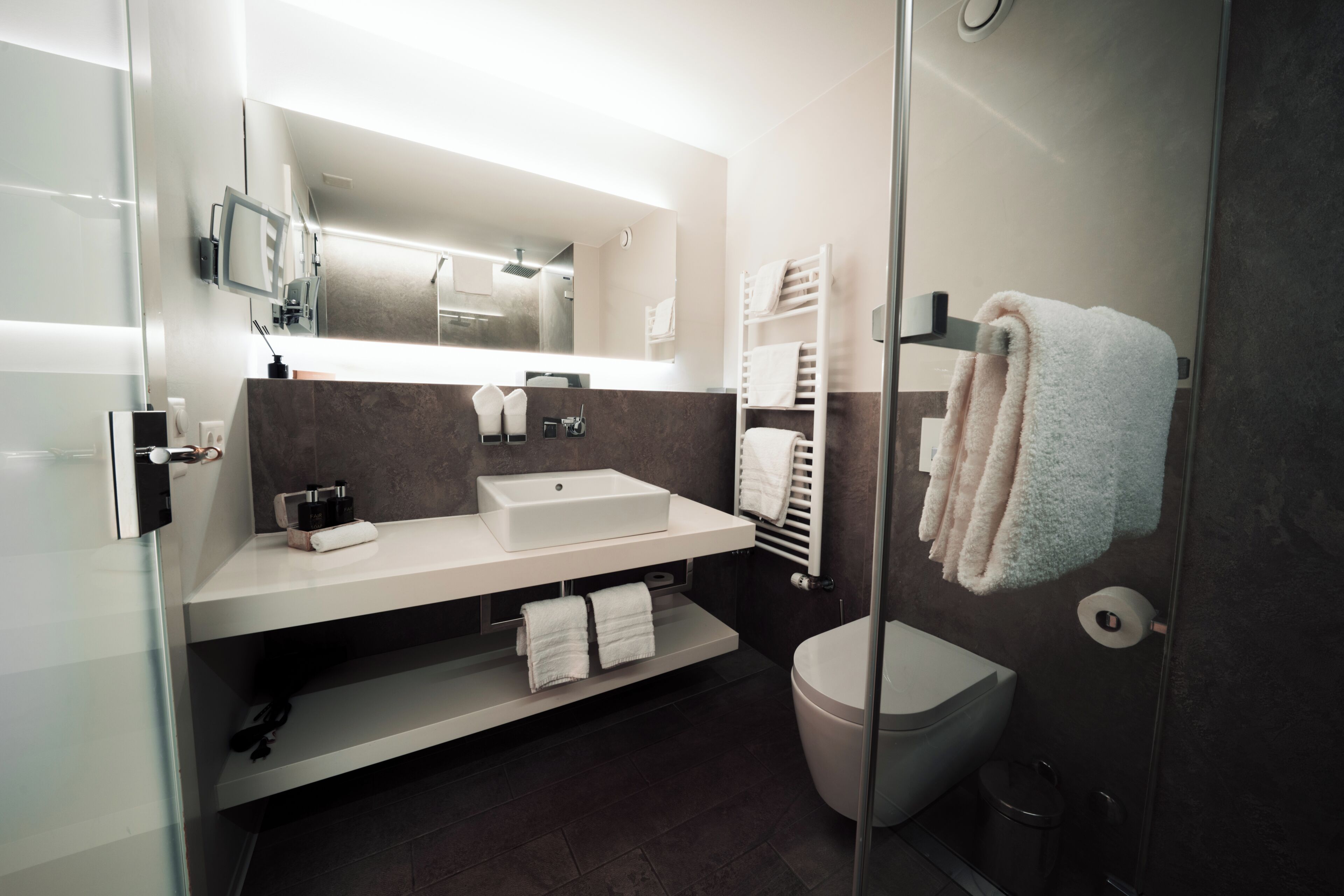 A modern bathroom with a glass shower enclosure, a white sink, and a toilet.