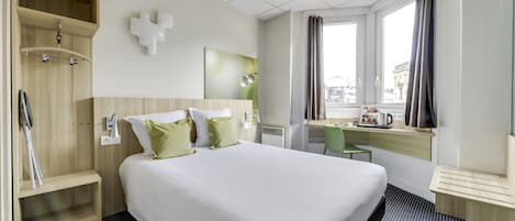 Premium bedding, desk, blackout curtains, soundproofing