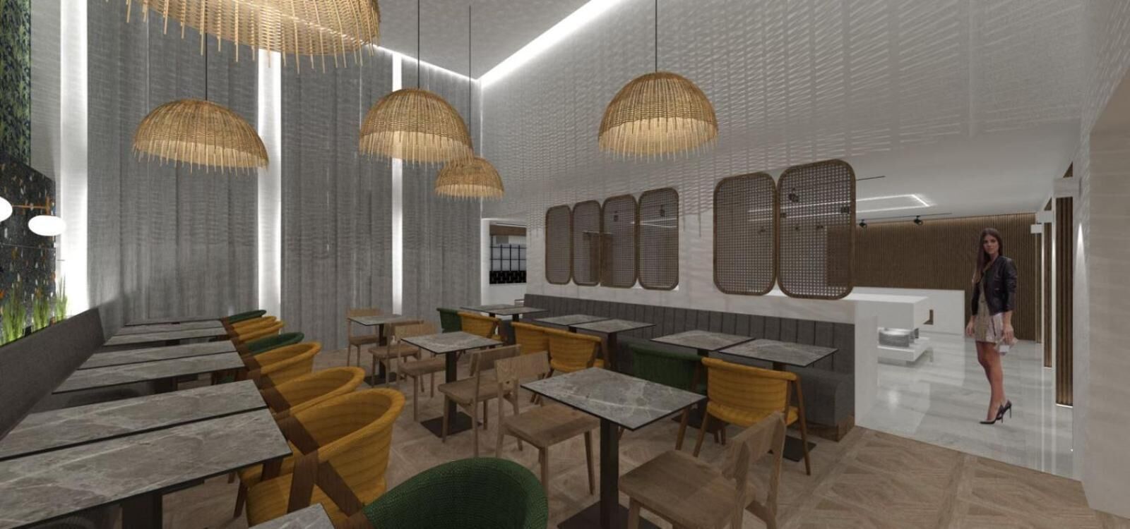 Un interior de restaurante moderno con techos altos, iluminación colgante de mimbre y una mezcla de asientos de madera y tapizados.