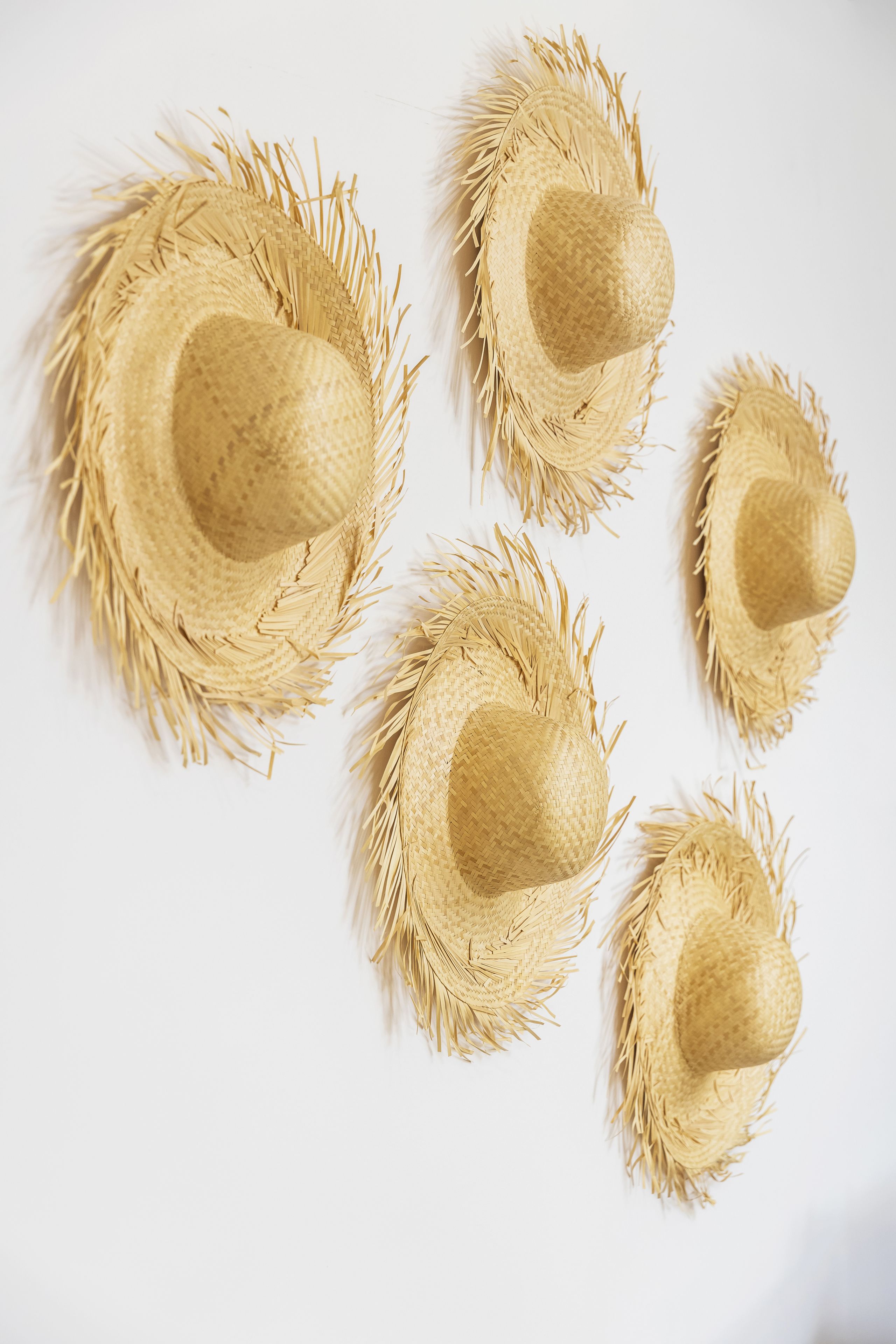 Five straw hats arranged in a pattern on a white background.