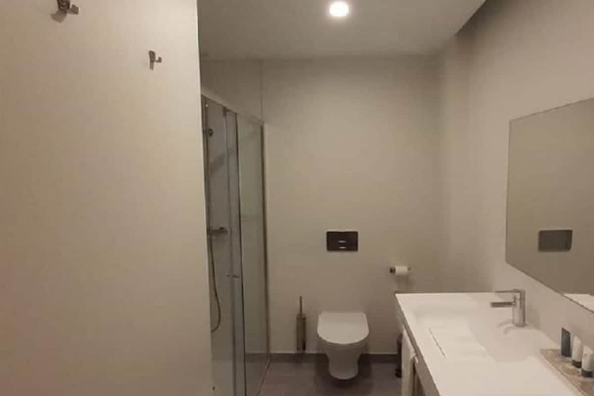 A modern bathroom with a glass shower enclosure, a toilet, and a sink with a large mirror.