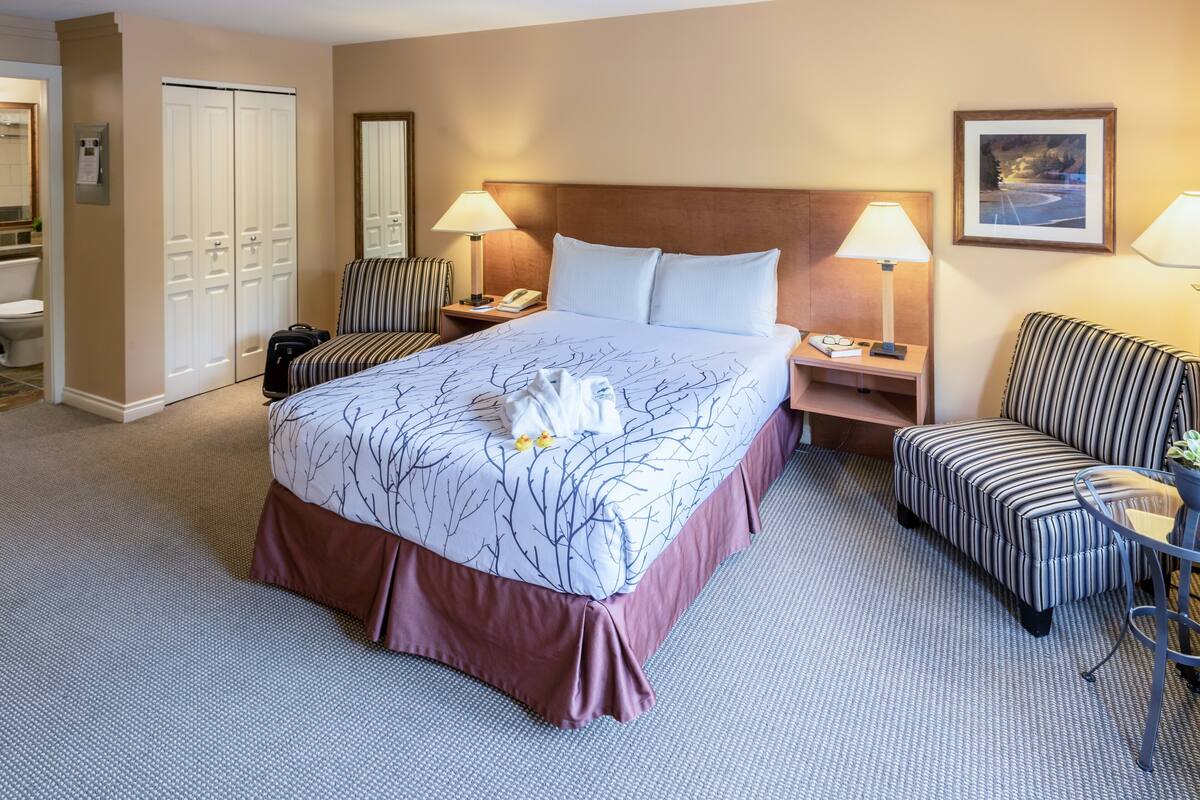 Habitación de hotel con una cama grande, dos mesitas de noche, un sillón a rayas, una silla, un escritorio y un armario.