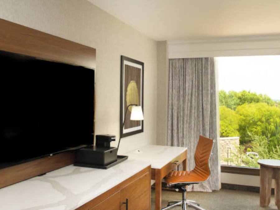 A hotel room with a flat-screen TV, a desk with a lamp, a chair, and a view of greenery outside.
