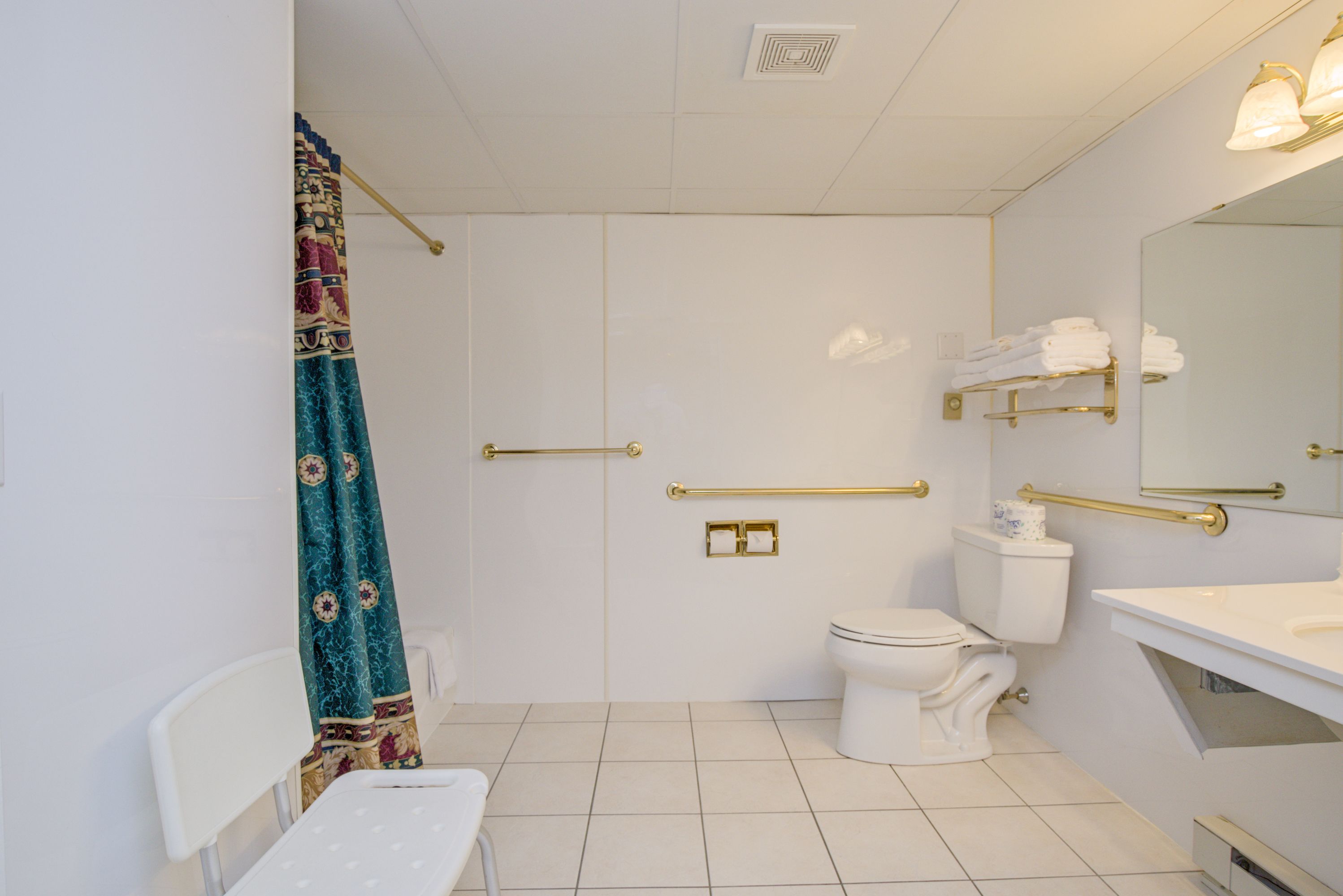 A bathroom with a white toilet, a sink, a shower with a curtain, and a mirror.