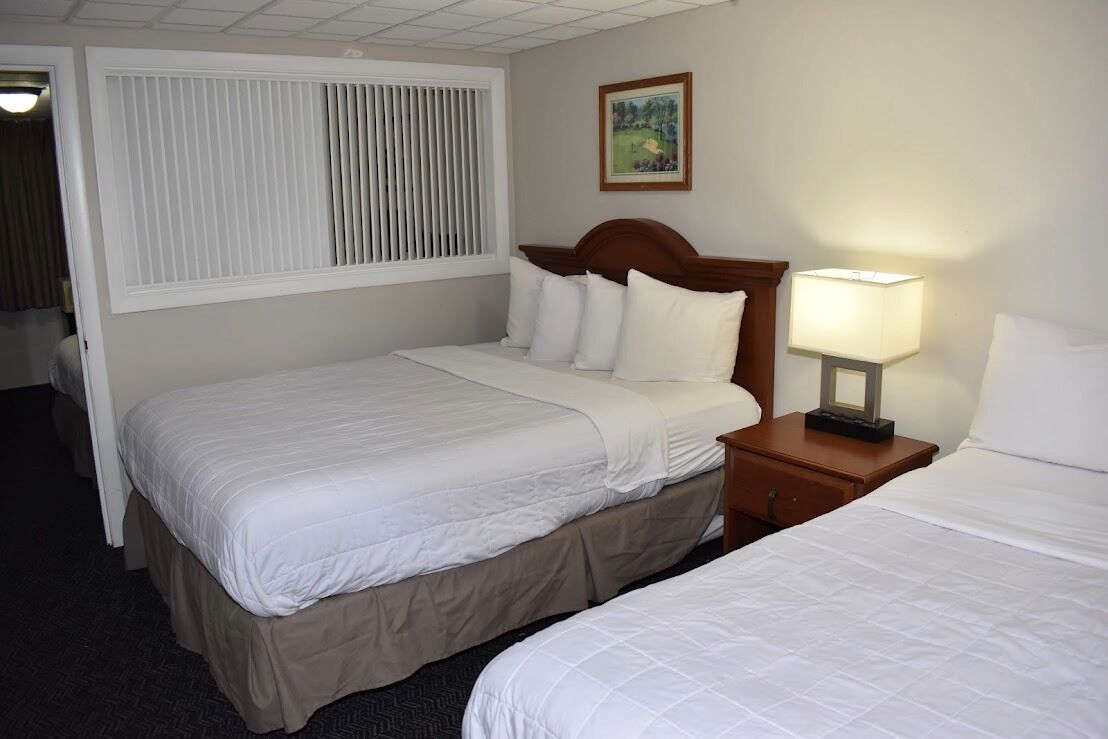 Une chambre d’hôtel avec un lit double, une table de chevet avec une lampe, une fenêtre avec des stores et un tableau au mur.