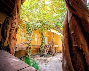 A wooden deck leading to a yellow building with a staircase and a tree with a hole in its trunk.