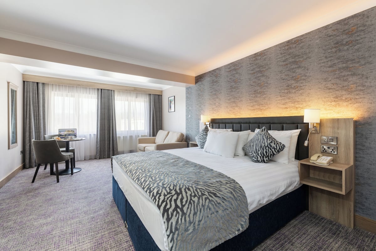 Una habitación de hotel con una cama grande, un escritorio y una silla.