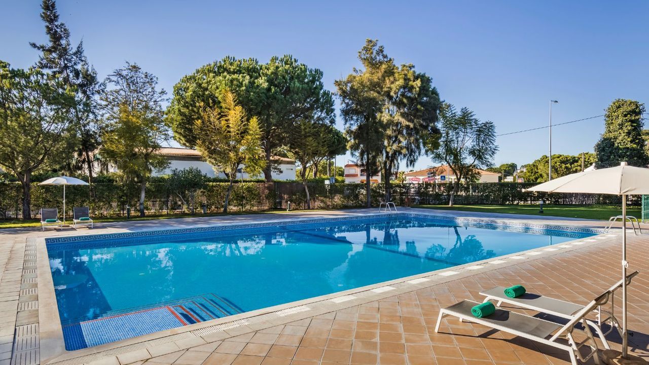 Une piscine rectangulaire, bordée d’une terrasse carrelée, entourée d’arbres et baignée par un ciel dégagé.
