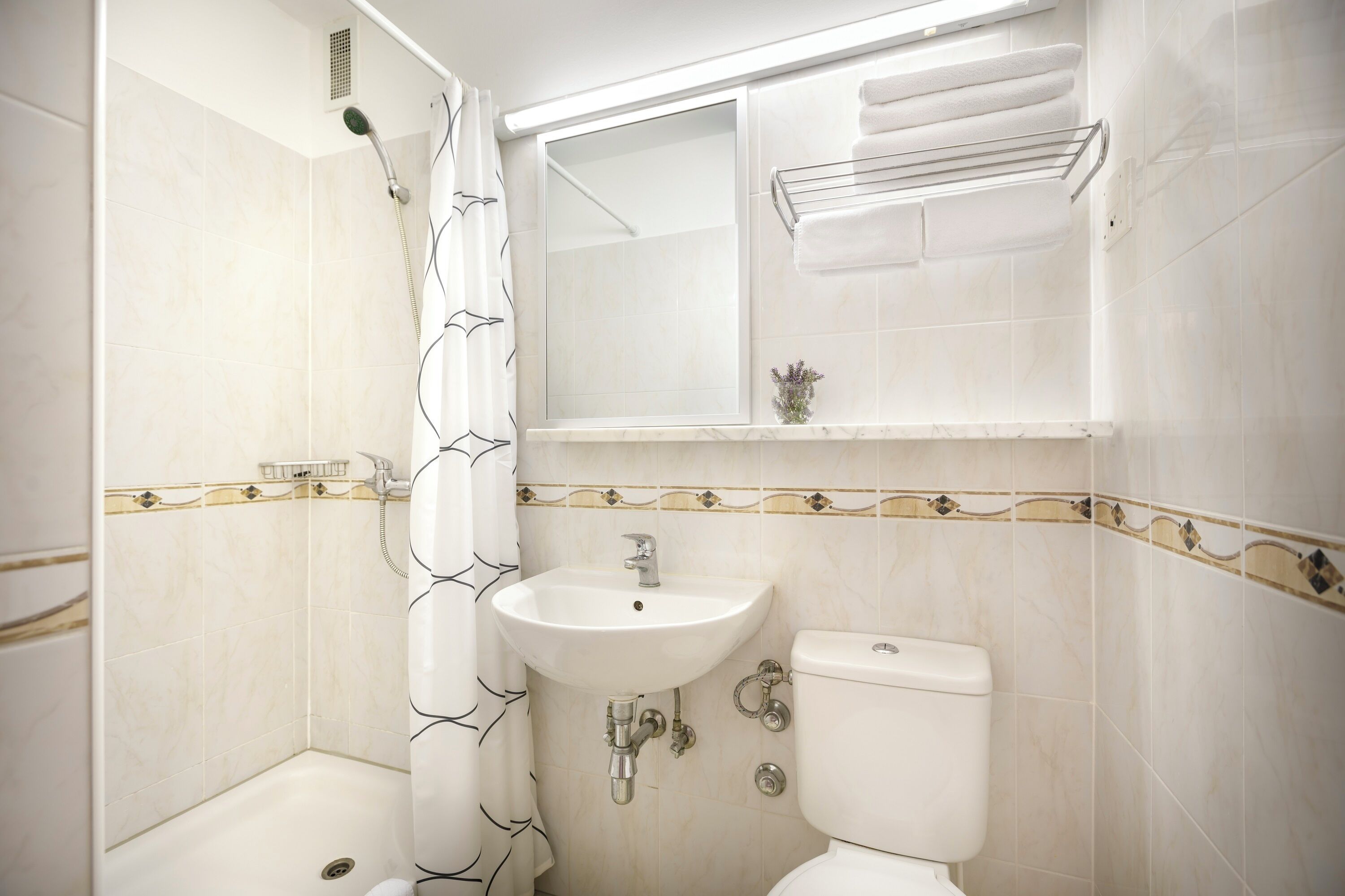 Un baño con ducha, lavamanos e inodoro.