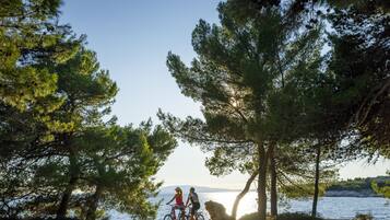 Dos personas en bicicleta cerca de un cuerpo de agua, rodeadas de árboles.