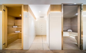A sauna area with wooden benches and a tiled floor.