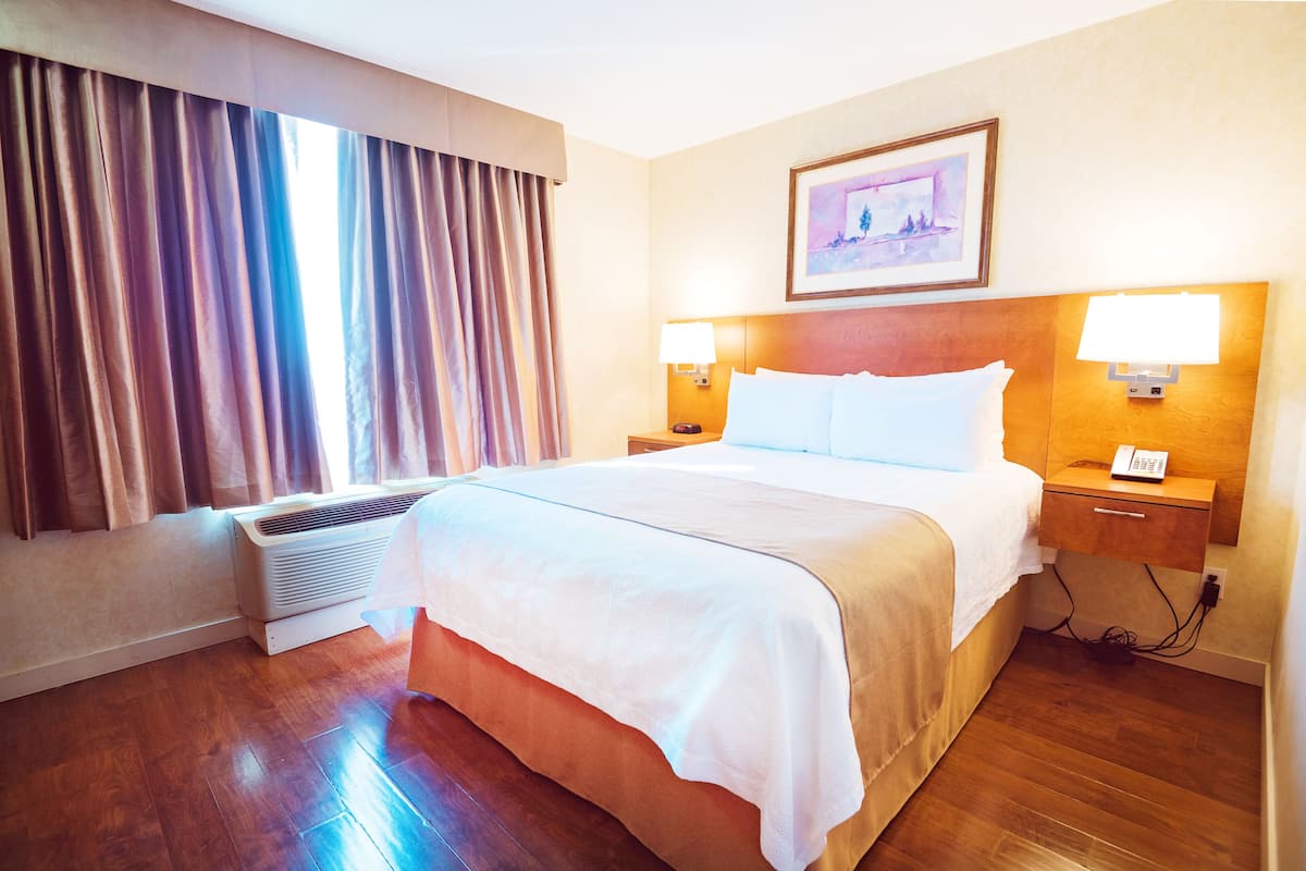 Habitación de hotel con una cama grande, dos lámparas de noche, una mesita de noche, un cuadro en la pared y una ventana con cortinas.