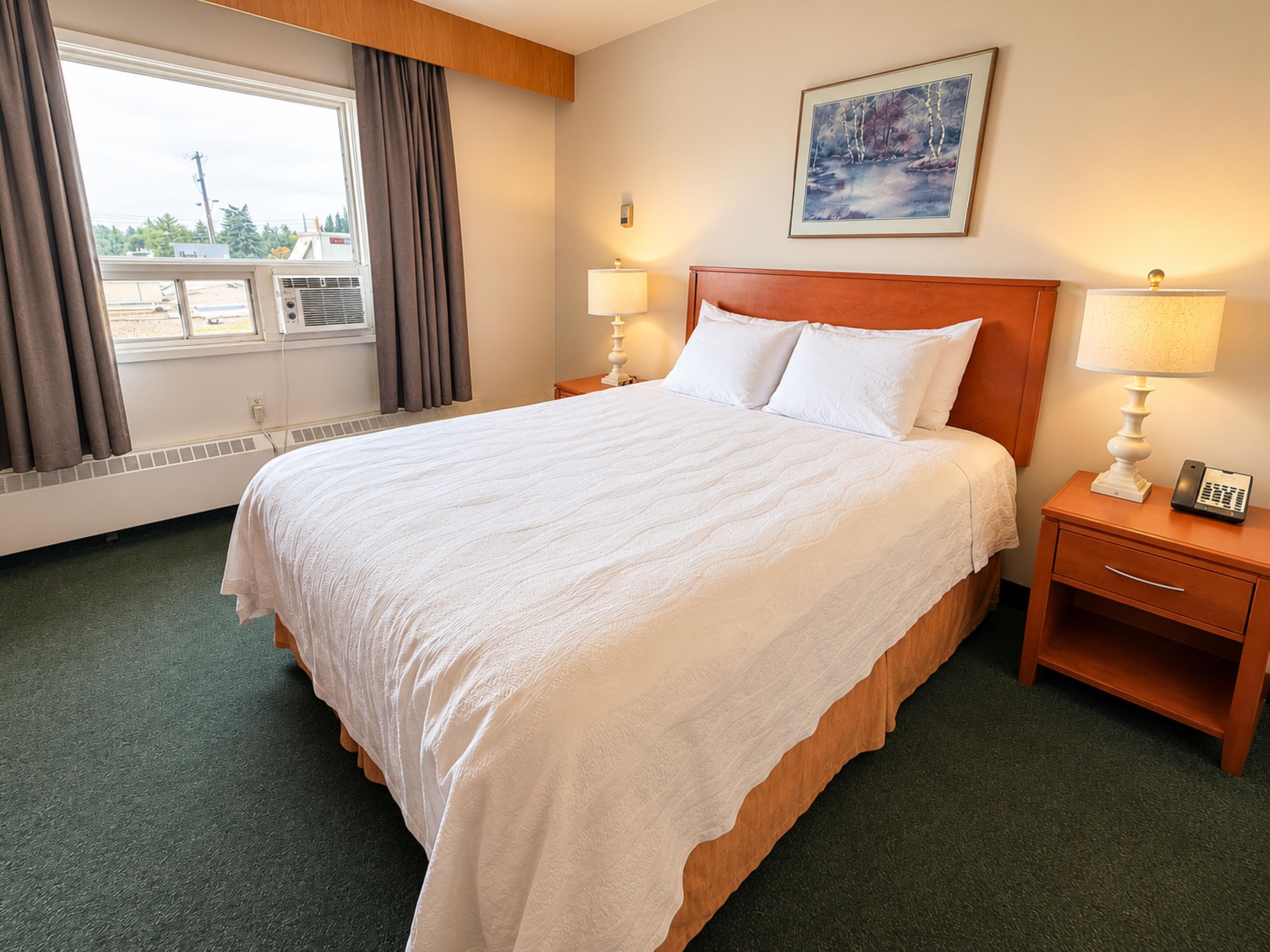 Habitación de hotel con una cama grande, dos mesitas de noche con lámparas, un cuadro en la pared y un ventanal con cortinas.