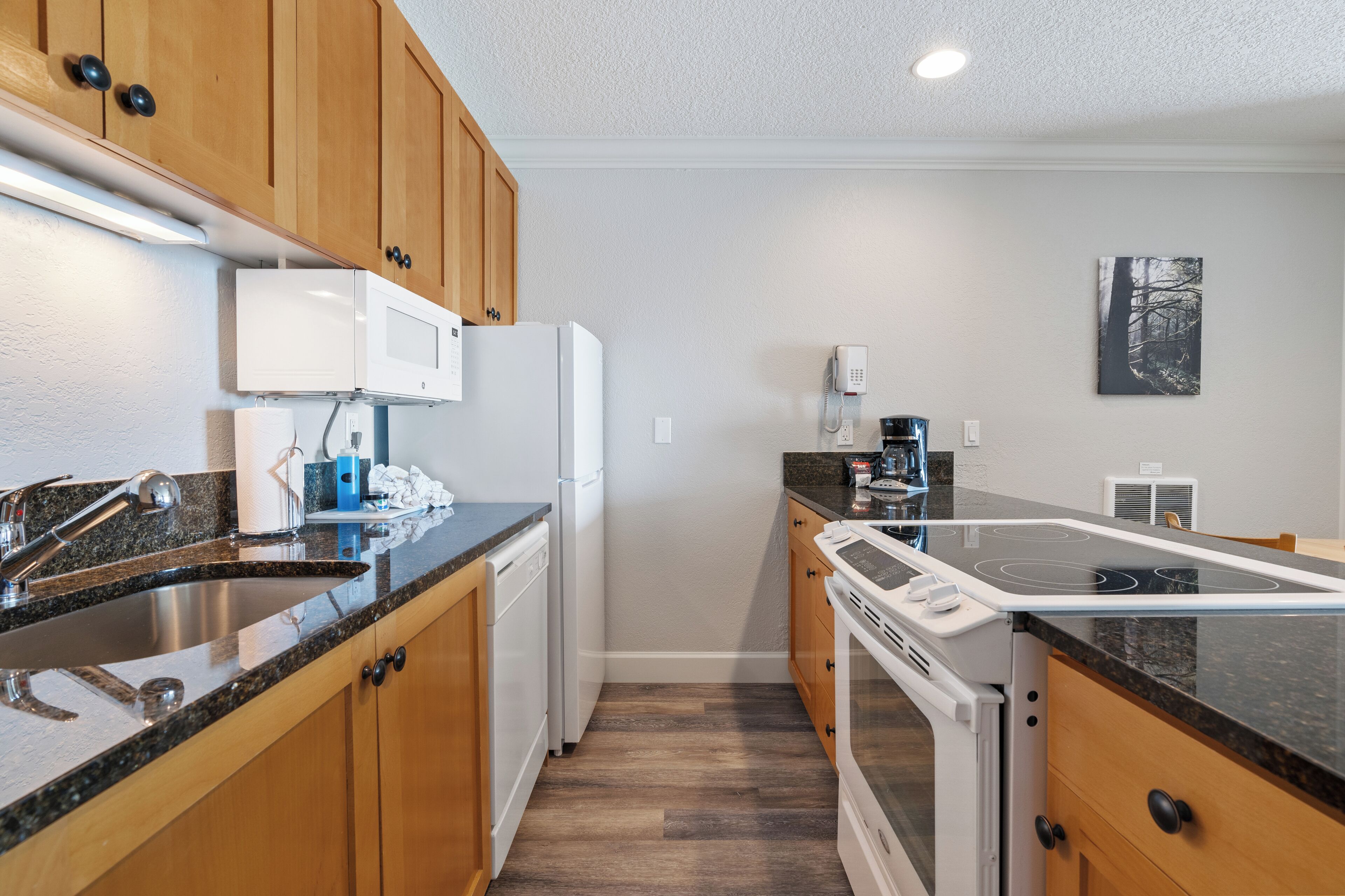 A modern kitchen with wooden cabinets, a stainless steel sink, a built-in microwave, a stove, and a coffee maker.