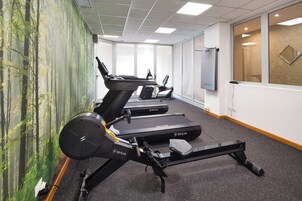 Et fitnesscenter med løbebånd, motionscykler og en væg med et skovmotiv.