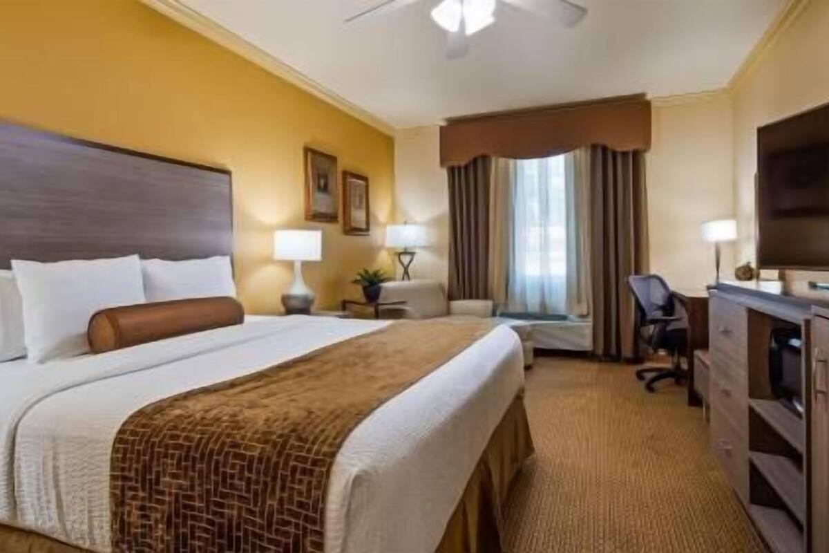 Pillowtop beds, desk, laptop workspace, iron/ironing board