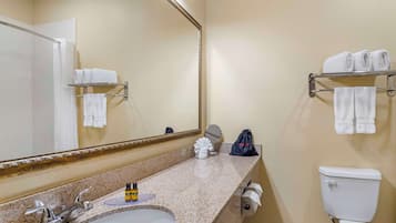Une salle de bain équipée d’un lavabo, d’un miroir, d’un porte-serviettes et de toilettes.