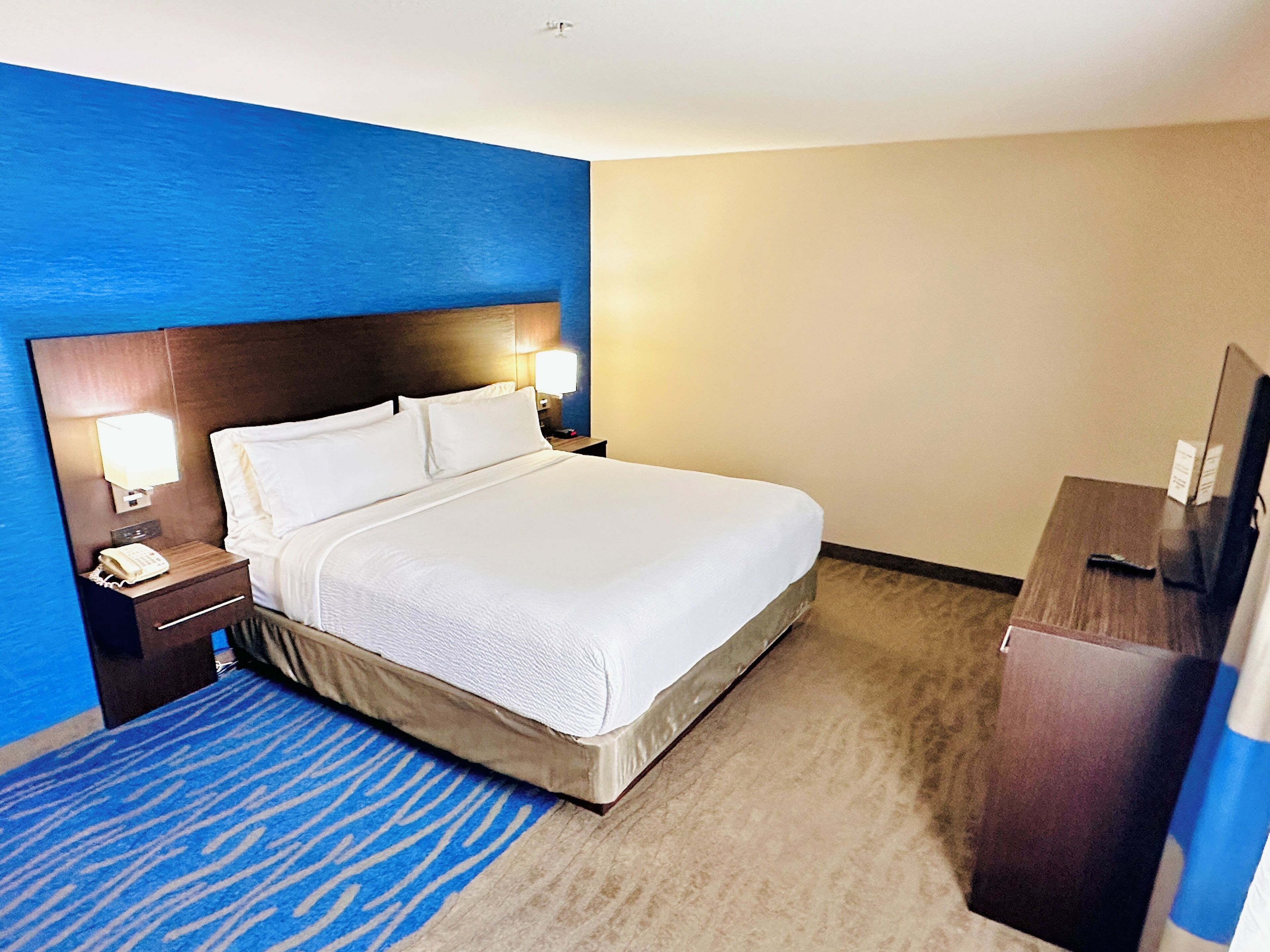 Habitación de hotel con una cama grande, una mesita de noche con lámpara, un televisor y una alfombra azul.