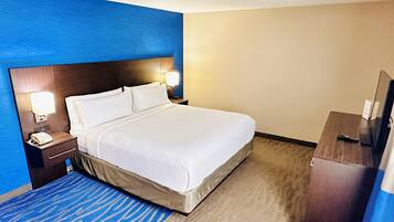 Habitación de hotel con una cama grande, una mesita de noche con lámpara, un televisor y una alfombra azul.