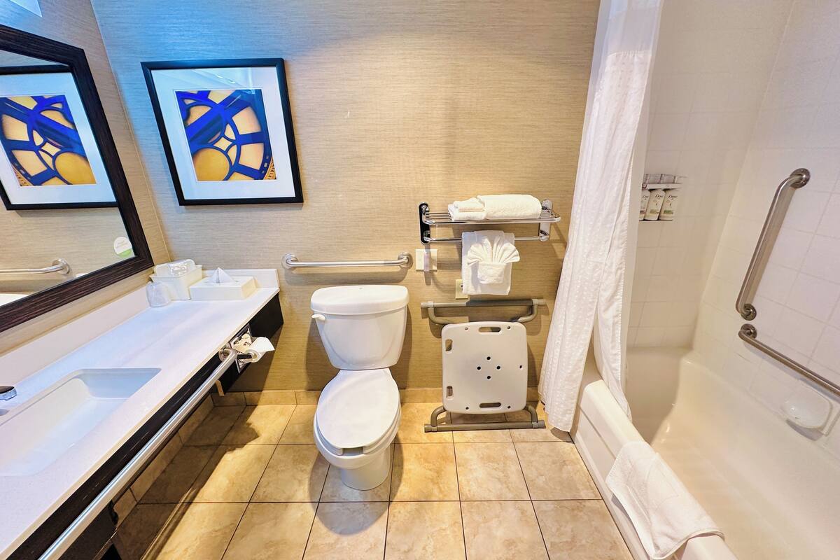 standard room, 1 queen bed, mobility accessible (accessible tub) | bathroom | combined shower/bathtub, free toiletries, hair dryer, towels
