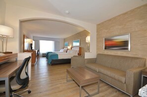 A hotel room with a bed, a sofa, a desk, and a chair.