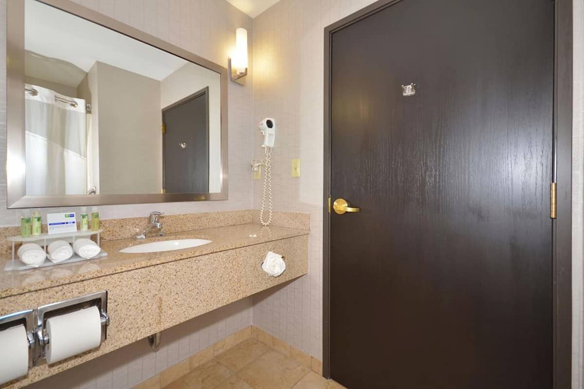 A hotel bathroom with a dark wooden door, a large mirror, a sink, a hairdryer, and a towel rack.