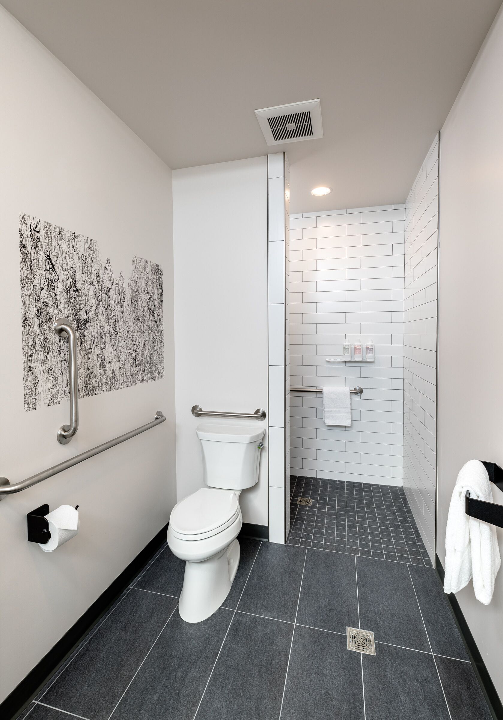 A modern bathroom with a toilet, handrails, a shower area, and a wall-mounted toilet paper holder.