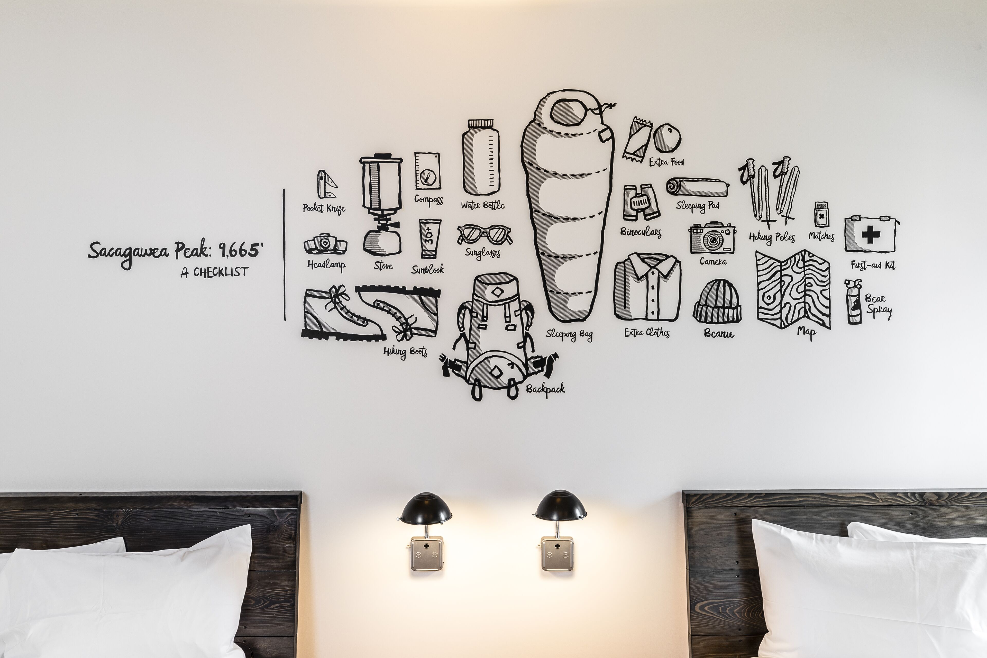 A wall with a checklist of hiking and camping gear, including items like a compass, water bottle, and sleeping bag.