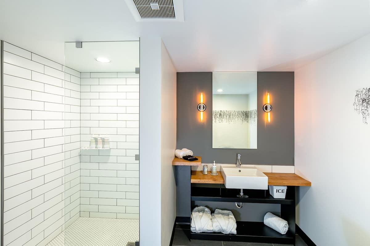 deluxe room, 1 king bed (grand avenue king) | bathroom | shower, eco-friendly toiletries, hair dryer, bathrobes