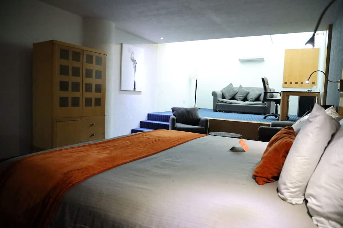 Un dormitorio con cama, armario, sofá y escritorio.