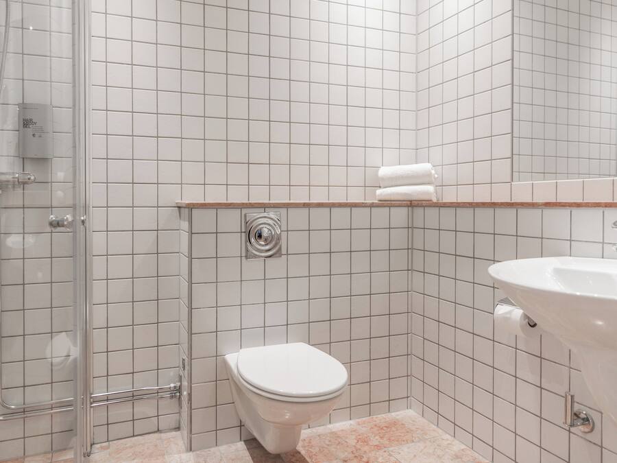 Een badkamer met een douchecabine van glas, een wit toilet en een wastafel met spiegel.
