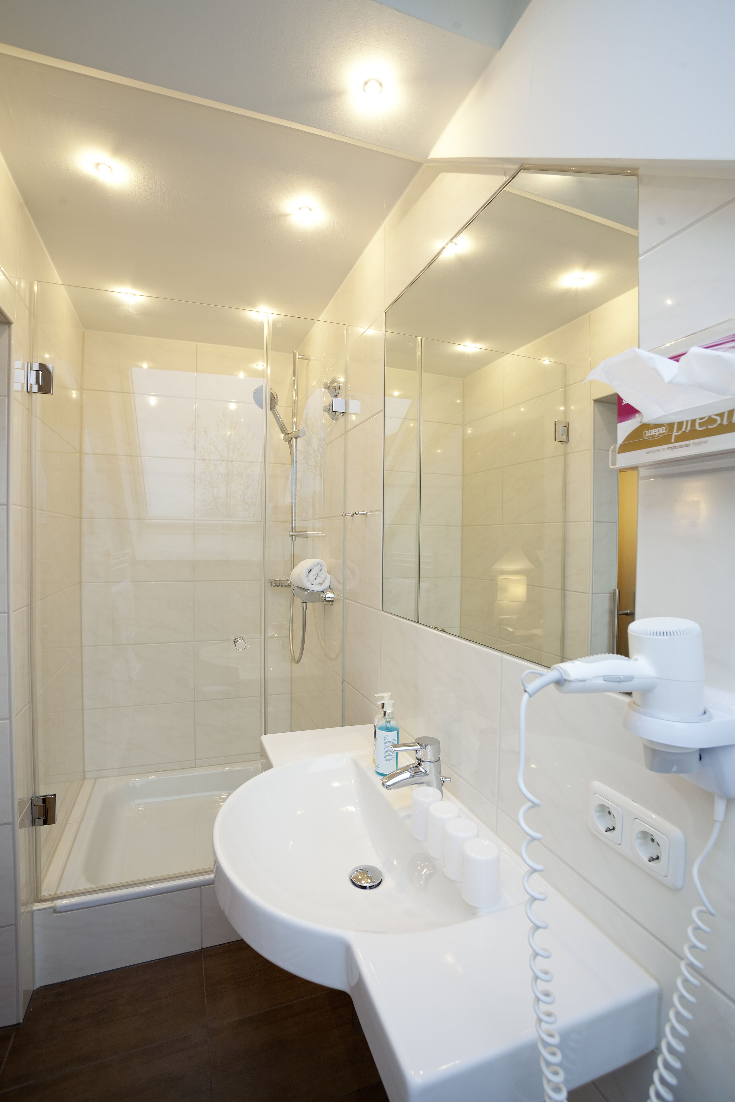 quadruple room (basement, in the annex) | bathroom | shower, hair dryer, towels