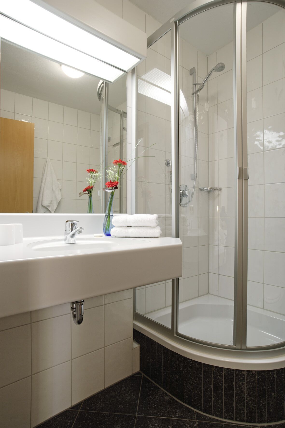 standard single room (with a french bed 160x200) in the main house | bathroom | shower, hair dryer, towels