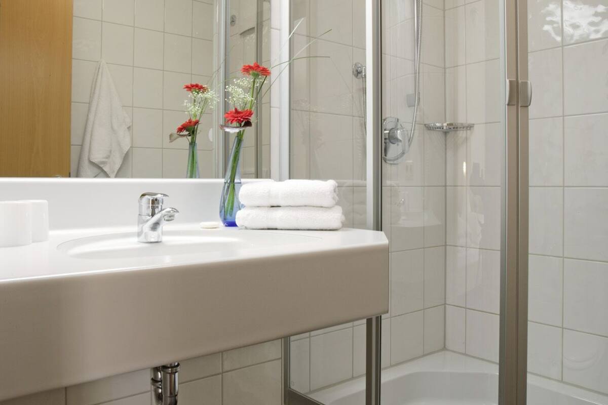 standard single room (with a french bed 160x200) in the main house | bathroom | shower, hair dryer, towels