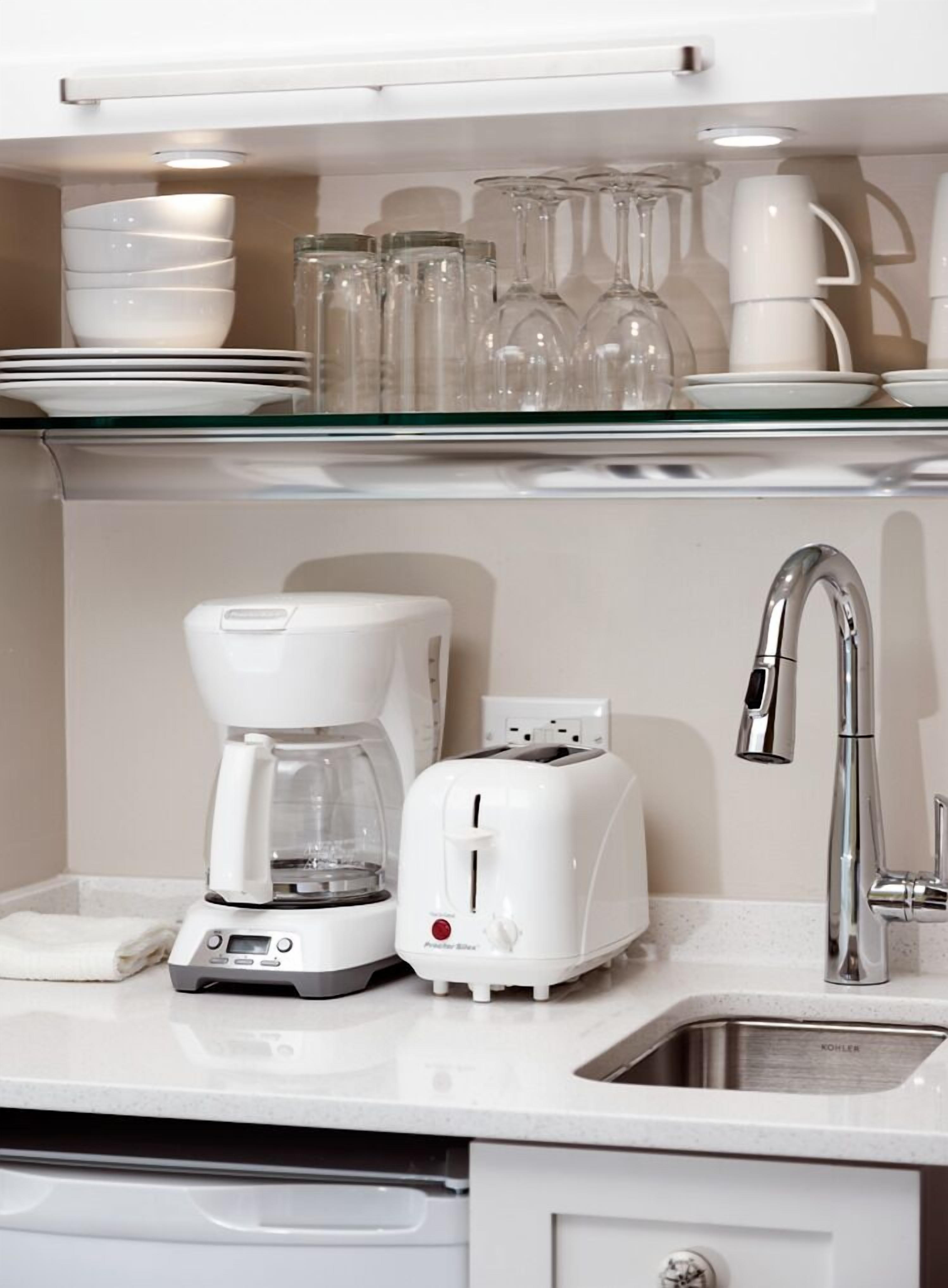 fridge, microwave, coffee/tea maker, electric kettle