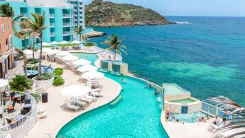 Outdoor pool, pool umbrellas, sun loungers