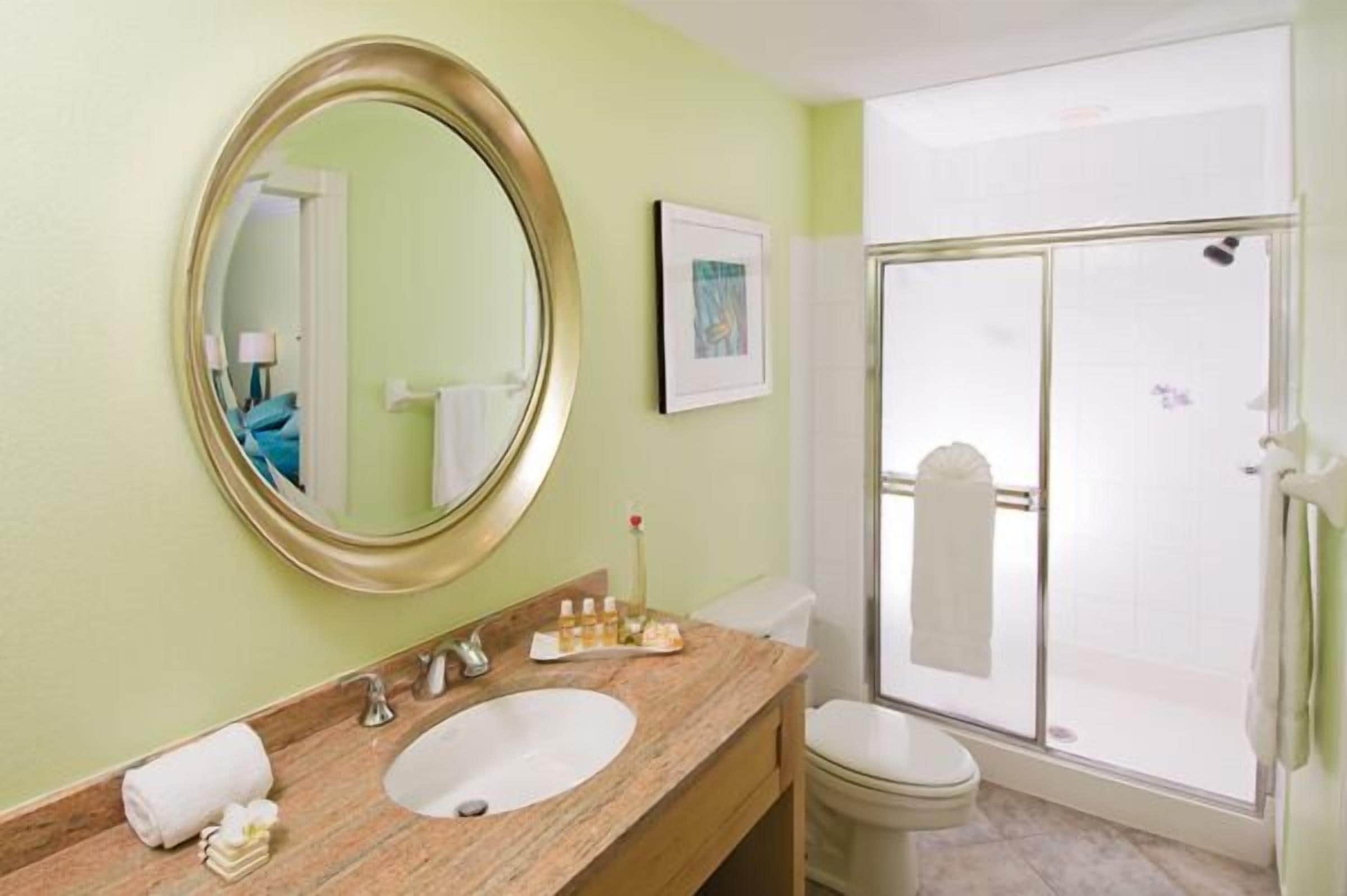 A bathroom with a large mirror, a sink, a toilet, and a glass-enclosed shower.