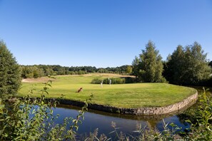 Campo de golf con un estanque en primer plano, rodeado de árboles y un cielo despejado.