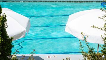 Seasonal outdoor pool, pool umbrellas, pool loungers
