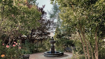 A garden with a central fountain, surrounded by various plants and trees.