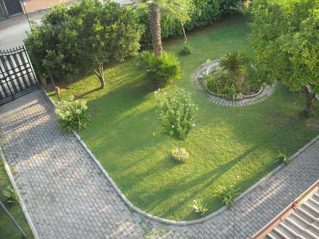 Un jardín bien cuidado con diversos árboles y arbustos, un parterre circular y un sendero pavimentado.