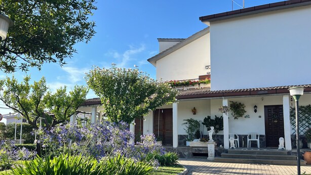 Un cortile con un vialetto lastricato, un edificio bianco con tetto marrone e diverse piante e fiori.
