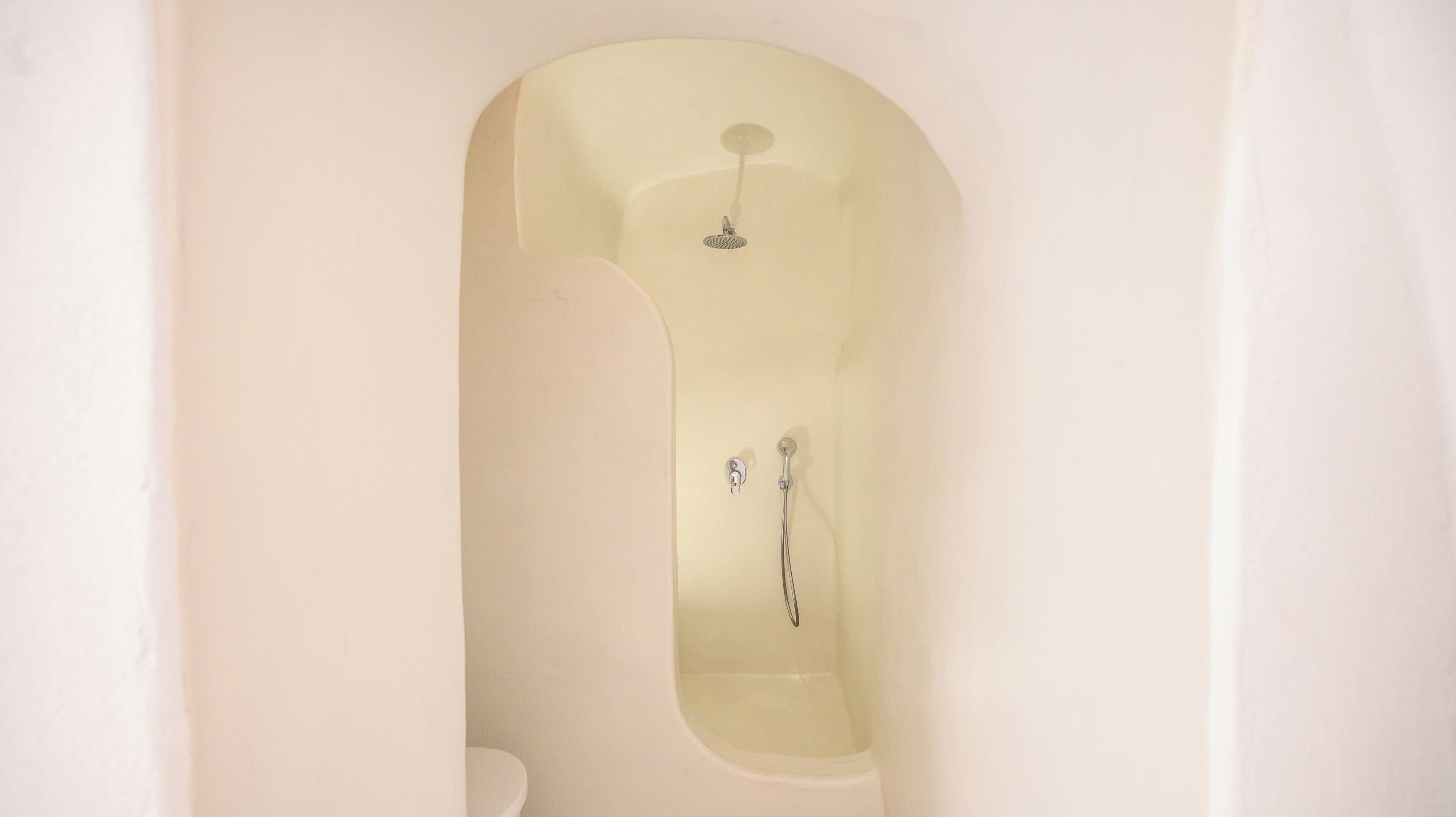 A bathtub with a showerhead and a handheld shower attachment.