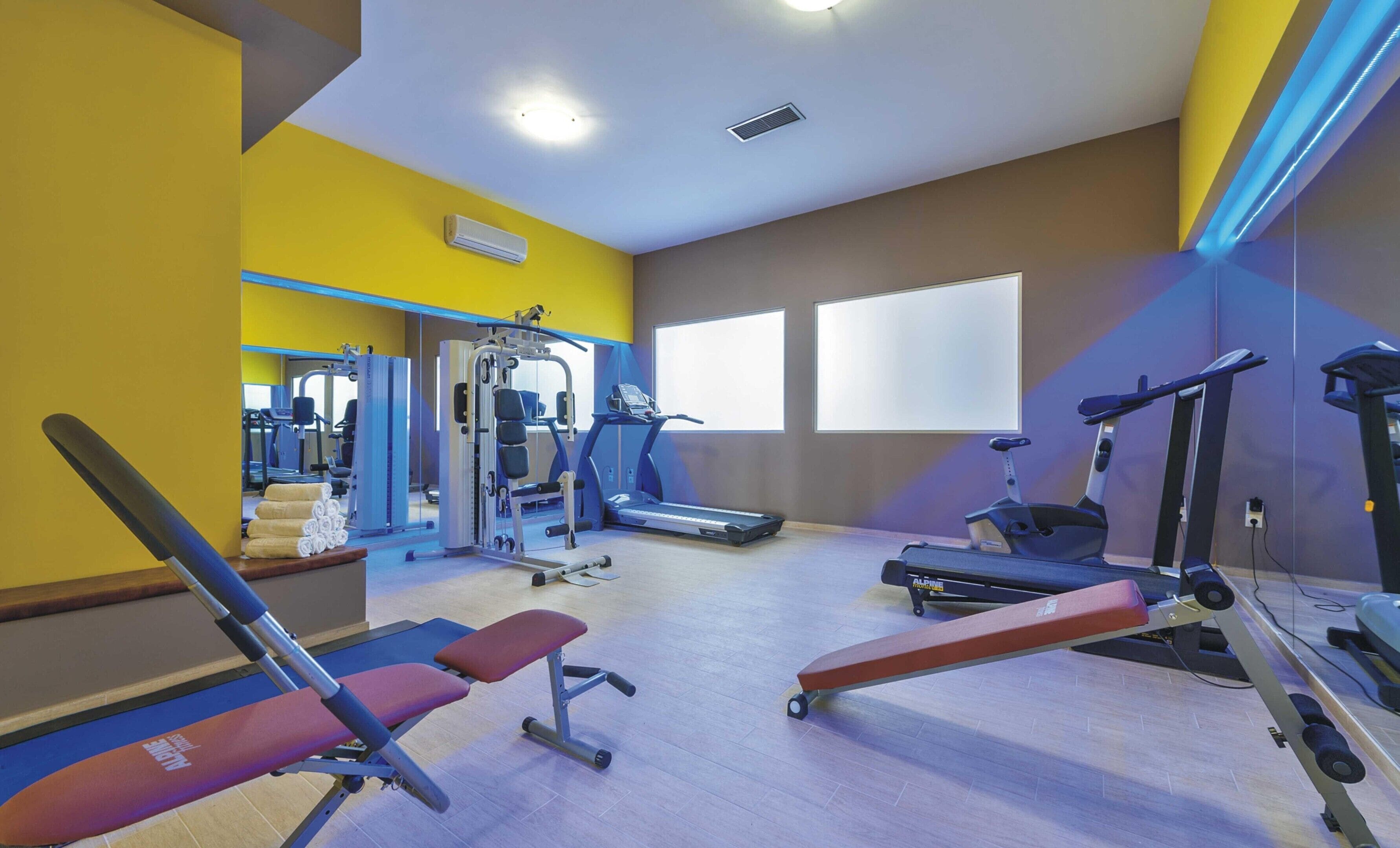 A gym with exercise equipment, a treadmill, and a bench.