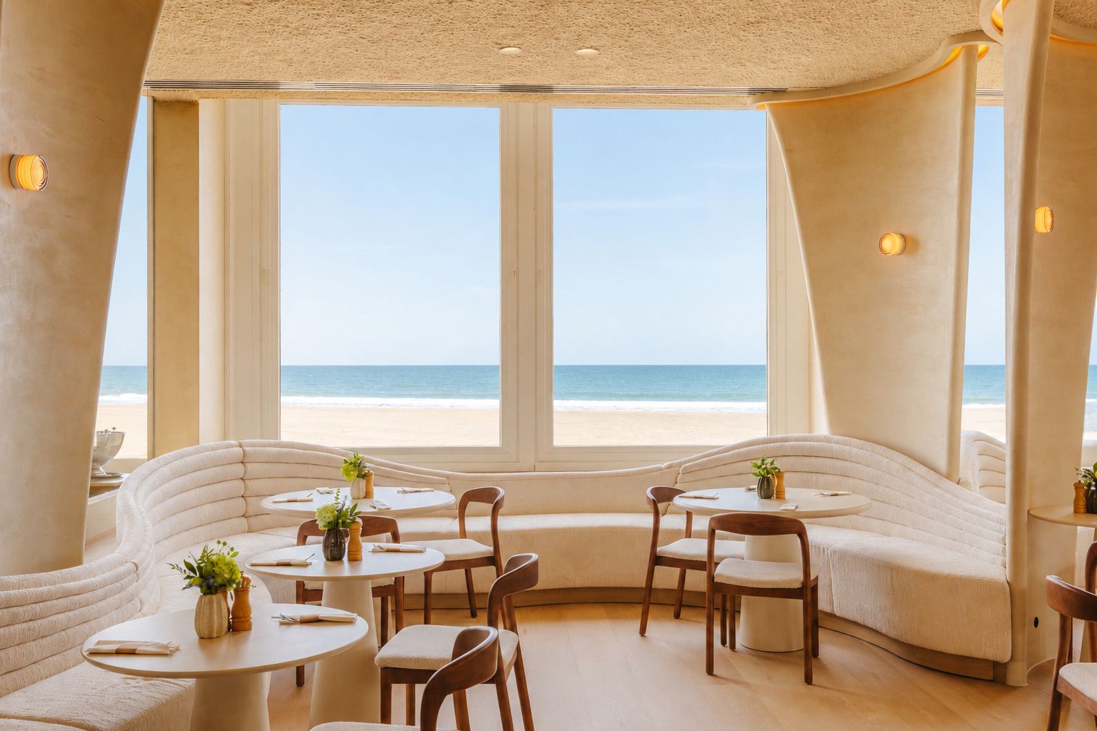 A beachfront restaurant with round tables and cushioned seating, large windows offering ocean views.