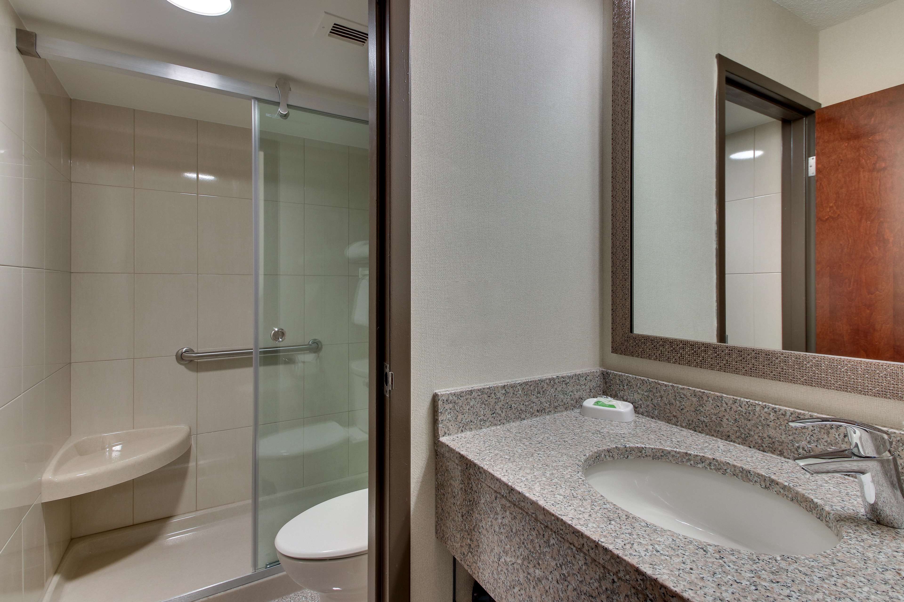 combined shower/bathtub, free toiletries, hair dryer, towels