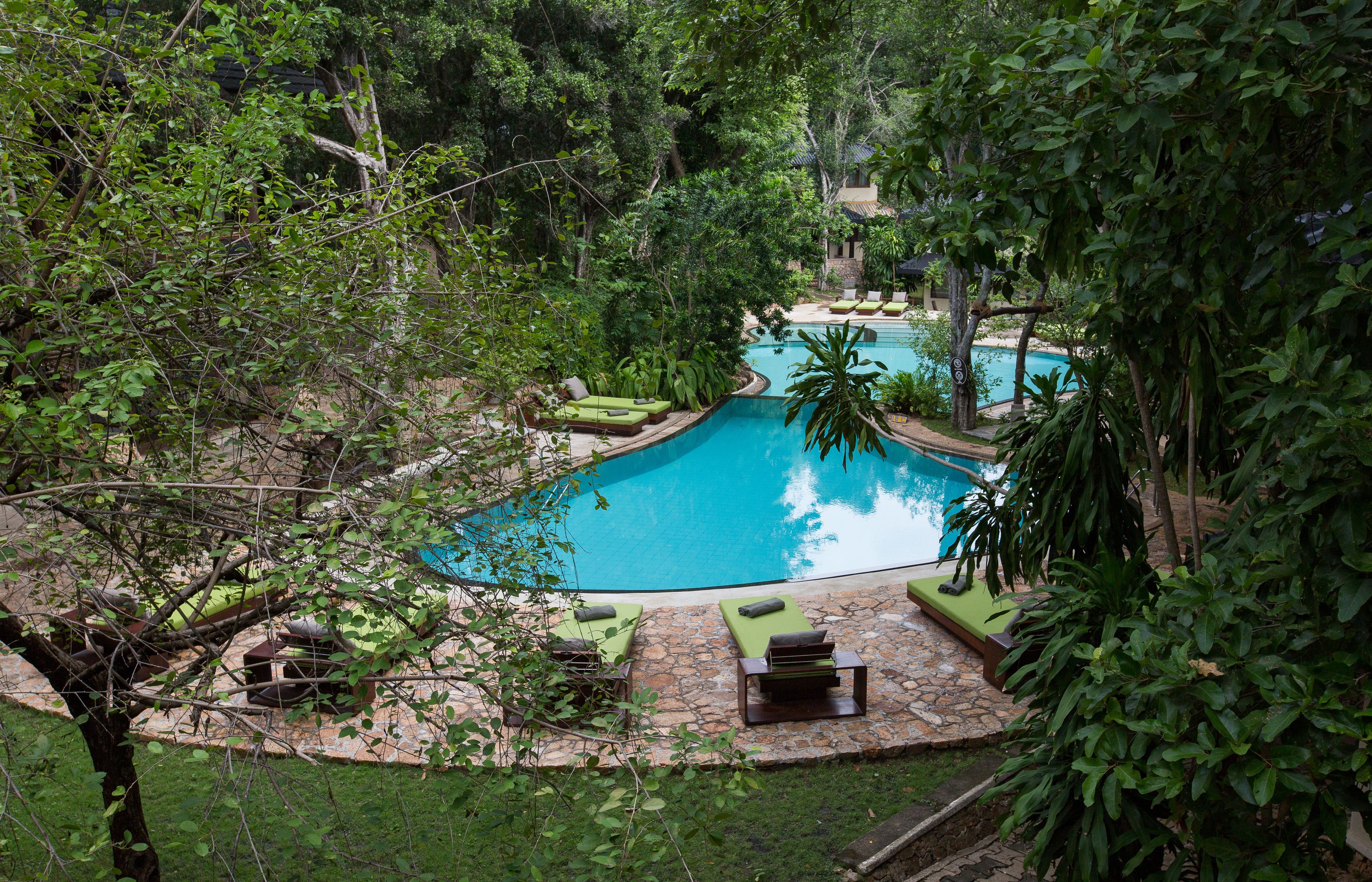Una piscina rodeada de vegetación exuberante y senderos de piedra.